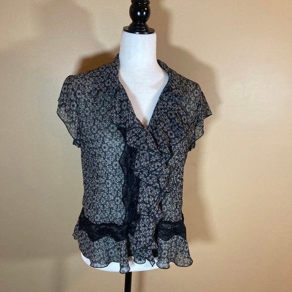 #44 Sash Ruffle Front Sheer Blouse, Black & White, Size L - Picture 1 of 5